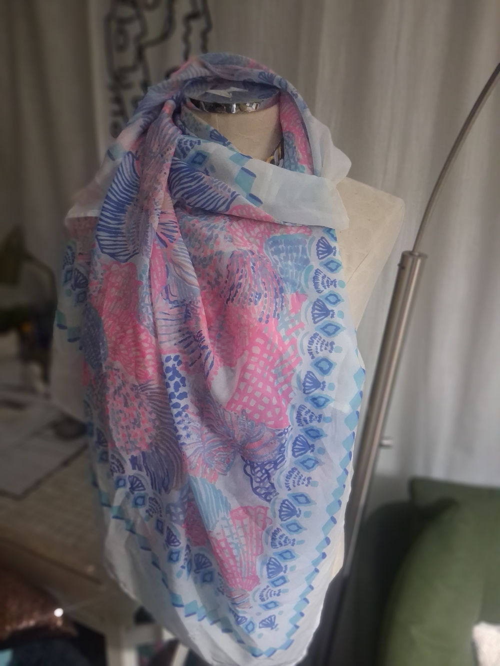 Lilly Pulitzer Lightweight Pink & Blue Shell Print Scarf